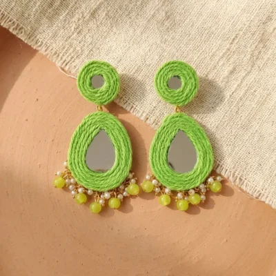 Sutradhara Mirror Earrings Lime Glow Jute Mirror Earrings