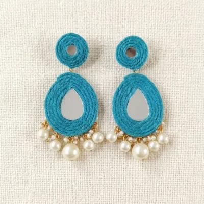Sutradhara Mirror Earrings Ocean Blue Drop Jute Pearl Earrings
