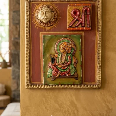 Swaminarayan Terracotta Religious Frame Clay Relief Wall Art on Wood Spiritual Home Decor & Gift