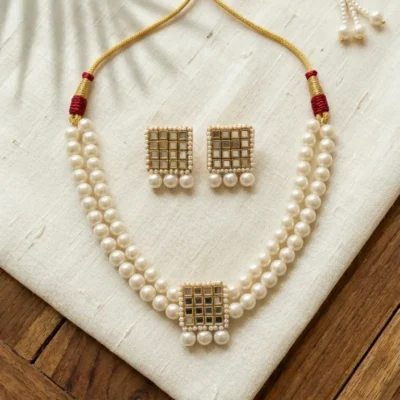 Tarini Kundan Pearl Necklace Handmade Pearl & Mirror Work Jewelry with Earrings
