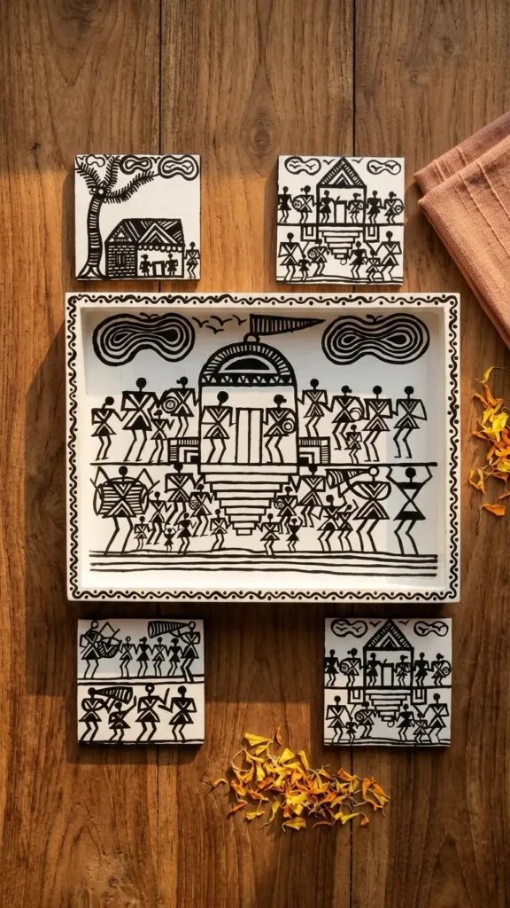 Warli design wooden tray with coasters