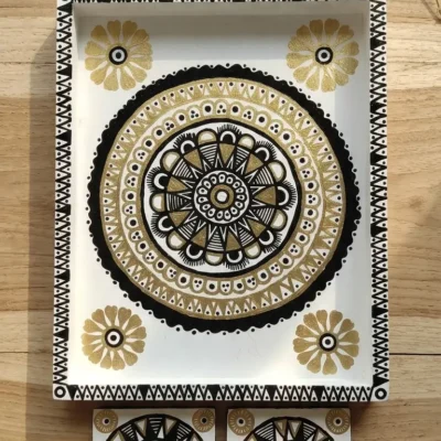 White Black Gold Mandala Tray Set Luxury Wooden Coasters