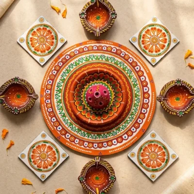 Wooden mandala rangoli set with diya and agarbatti stand