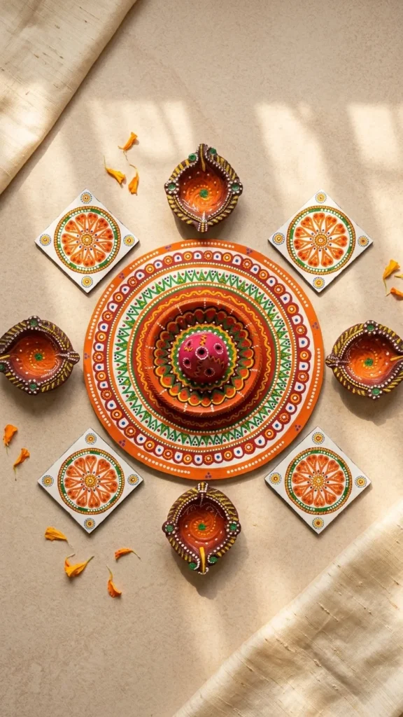 Wooden mandala rangoli set with diya and agarbatti stand