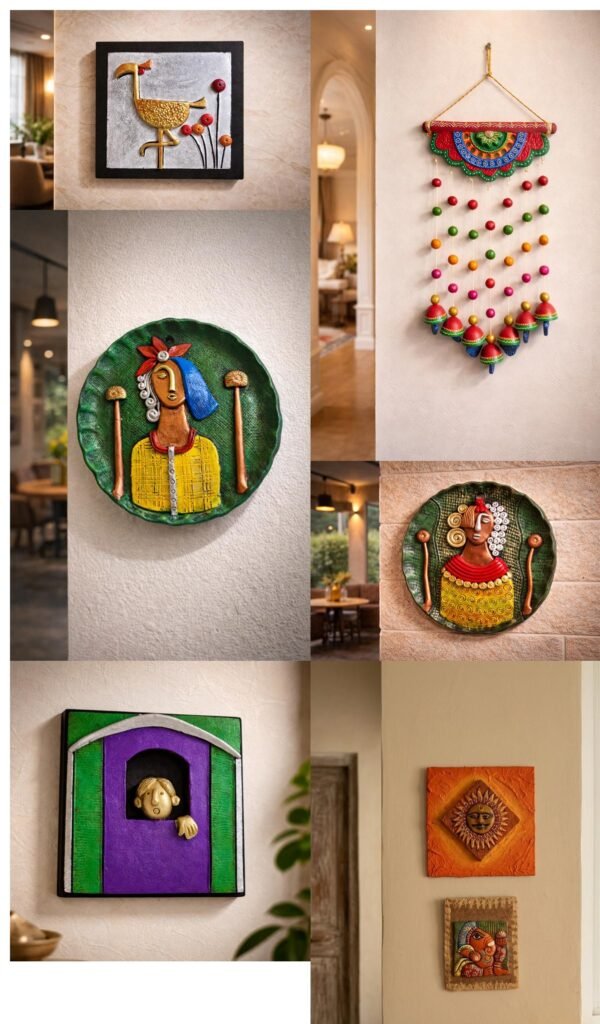 Handmade terracotta and clay wall decor collage featuring colorful Indian artisan pieces including bird art, tribal face plates, decorative hanging, Ganesha wall art, and modern handcrafted home decor displayed in aesthetic interiors.