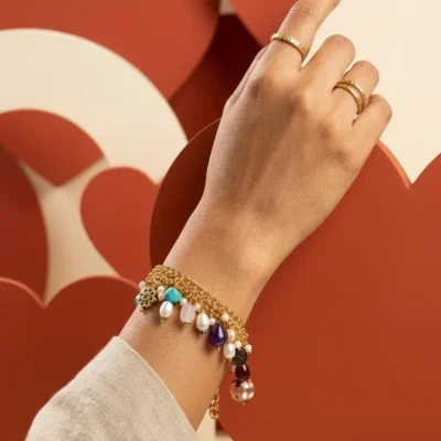 Handmade Charm Bracelet for Women Gold Layered Bracelet with Pearl & Crystal Charms Boho Luxe Jewelry