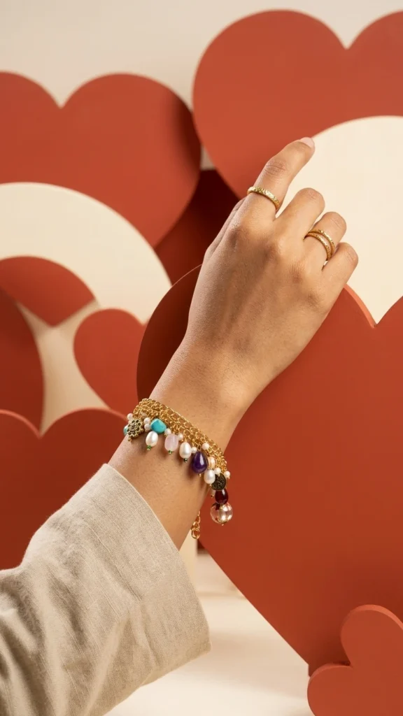 Handmade Charm Bracelet for Women Gold Layered Bracelet with Pearl & Crystal Charms Boho Luxe Jewelry