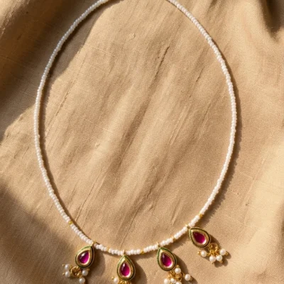Handmade Pearl Choker Necklace for Women Traditional Ruby Stone Necklace with Pearl Drops Elegant Ethnic Jewelry
