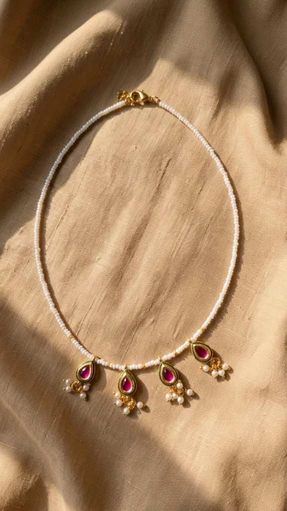 Handmade Pearl Choker Necklace for Women Traditional Ruby Stone Necklace with Pearl Drops Elegant Ethnic Jewelry