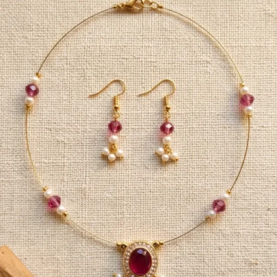 Handmade Ruby Pink Pearl Necklace Set with Earrings for Women