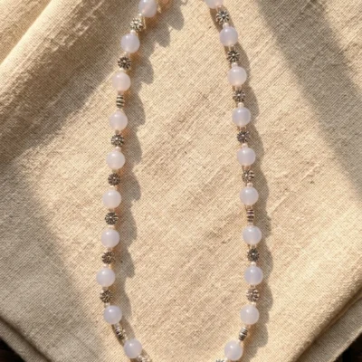 Light Lavender Bead Necklace for Women Floral Silver Accent Necklace Elegant Minimal Jewelry