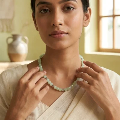 Mint Green Bead Necklace for Women Floral Silver Accent Necklace Minimal Elegant Jewelry