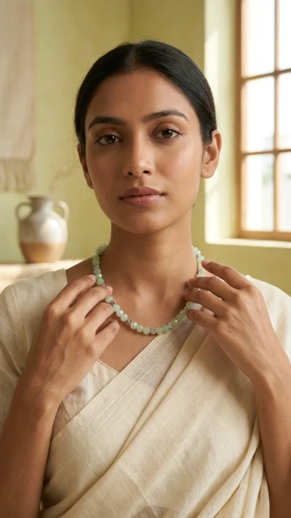 Mint Green Bead Necklace for Women Floral Silver Accent Necklace Minimal Elegant Jewelry