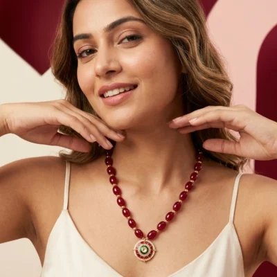 Ruby Bead Statement Necklace for Women Traditional Pendant Necklace Elegant Ethnic Jewelry
