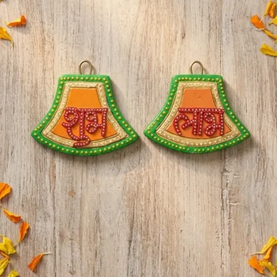 “शुभ–लाभ” (Shubh–Labh) Decorative Door Hanging – Auspicious Wall Décor Set(green-red-orange)