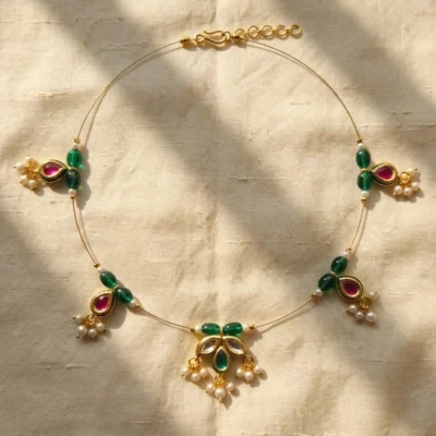 Temple-Inspired Choker Necklace with Green Beads, Ruby Stones & Pearl Drops