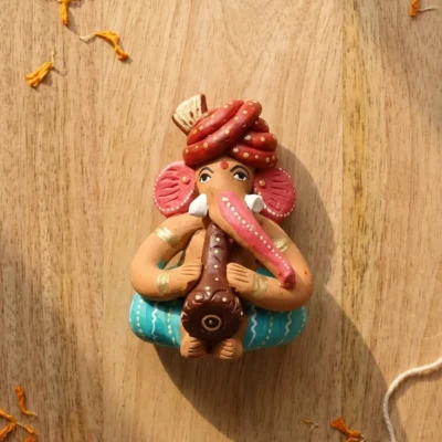 Terracotta Ganesha Idol with Sharnai – Clay Figurine on for Home