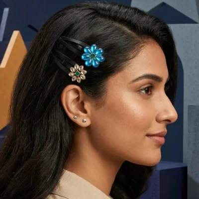 Handmade embroidered mirror work hair clip with pearl bead detailing for women