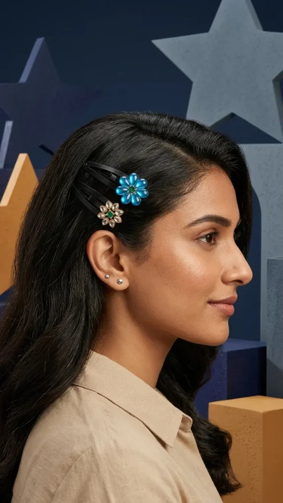 Handmade embroidered mirror work hair clip with pearl bead detailing for women