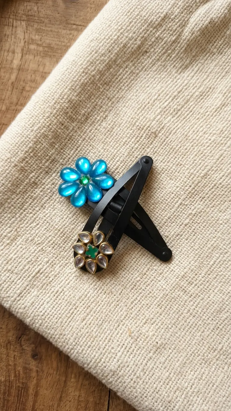 Handmade embroidered mirror work hair clip with pearl bead detailing for women