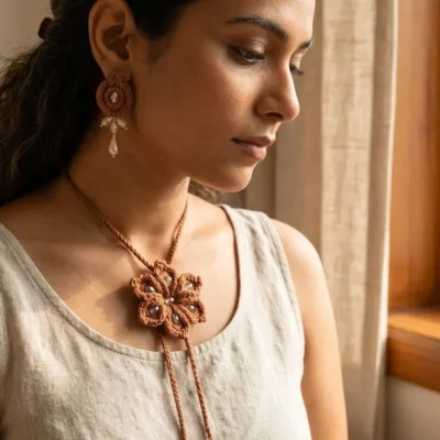 Brown Crochet Jewelry Set with Earrings Cotton Thread Floral Necklace Set Boho Artisan Fashion Jewelry