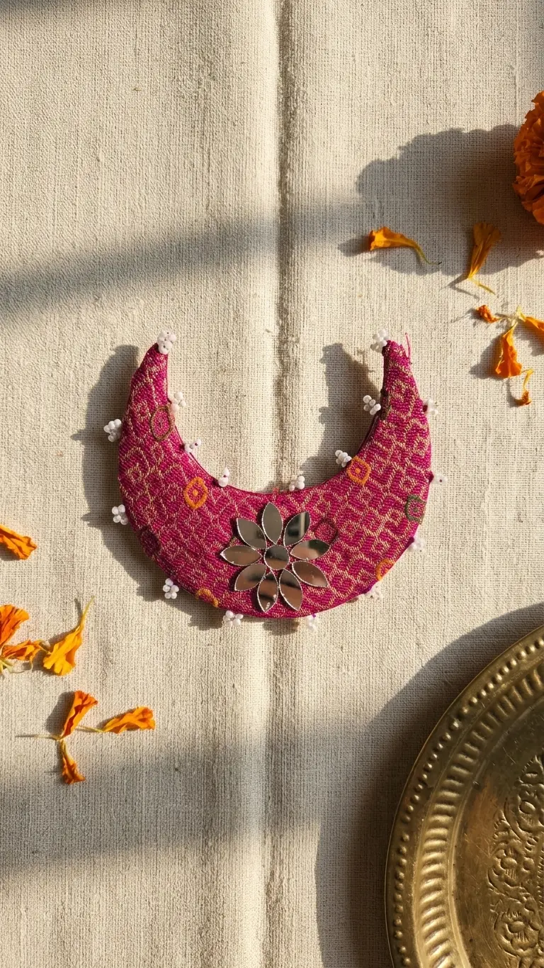 Crescent Moon Hair Pin with Mirror Work | Magenta Fabric Ethnic Hair Accessory