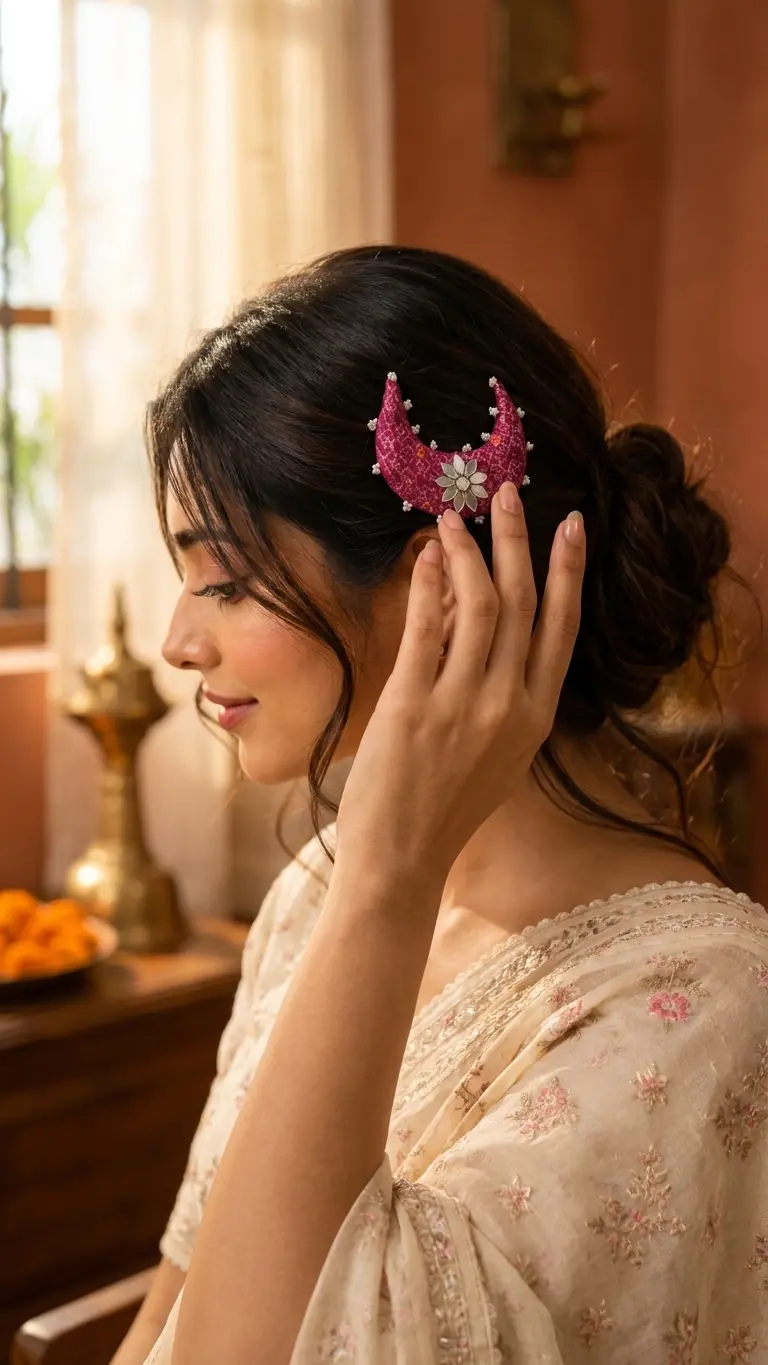 Crescent Moon Hair Pin with Mirror Work | Magenta Fabric Ethnic Hair Accessory