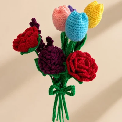 Crochet Handmade Flower Bouquet – Forever Bloom Gift Bouquet with Tulips, Roses, Lavender & Hydrangea