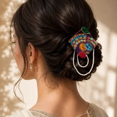 Embroidered Hair Clip with Mirror Work & Pearl Beads Ethnic Hair Accessory for Women1