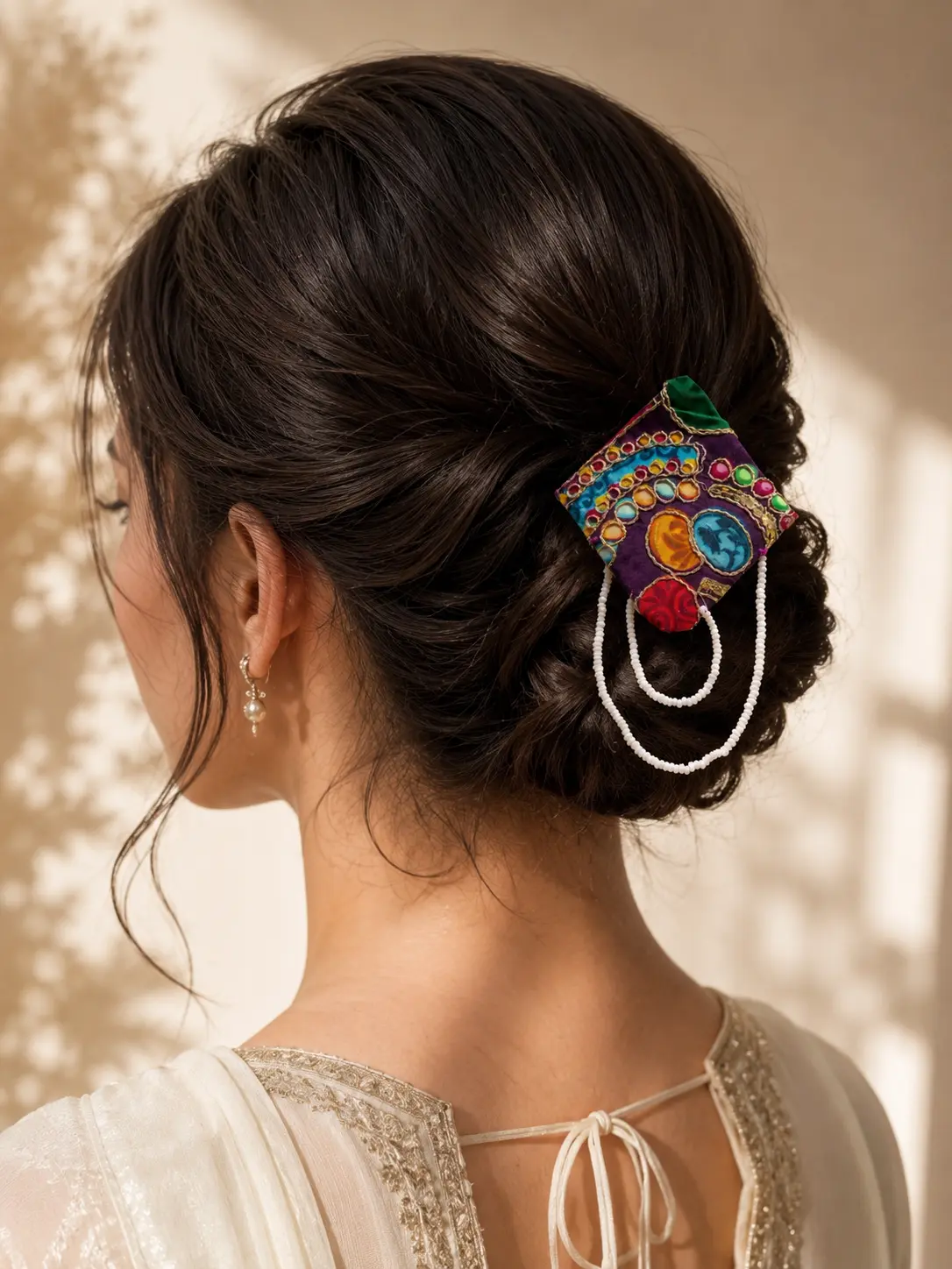 Embroidered Hair Clip with Mirror Work & Pearl Beads Ethnic Hair Accessory for Women1