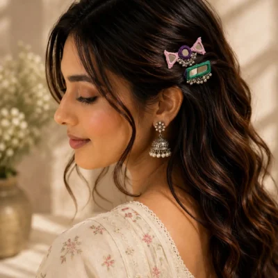 Handcrafted Mirror Embroidered Hair Clips Set Ethnic Hair Accessories for Women
