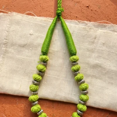 Handmade Green Fabric Bead Necklace Sustainable Artisan Jewelry