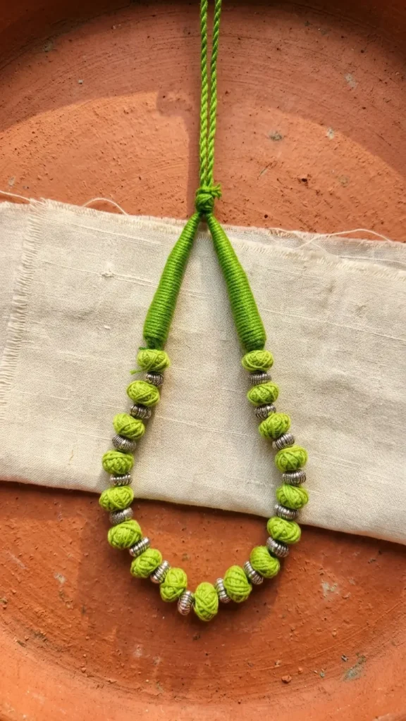 Handmade Green Fabric Bead Necklace Sustainable Artisan Jewelry