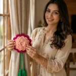 Handmade acrylic yarn crochet flower curtain tieback with decorative tassels attached to a beige curtain.