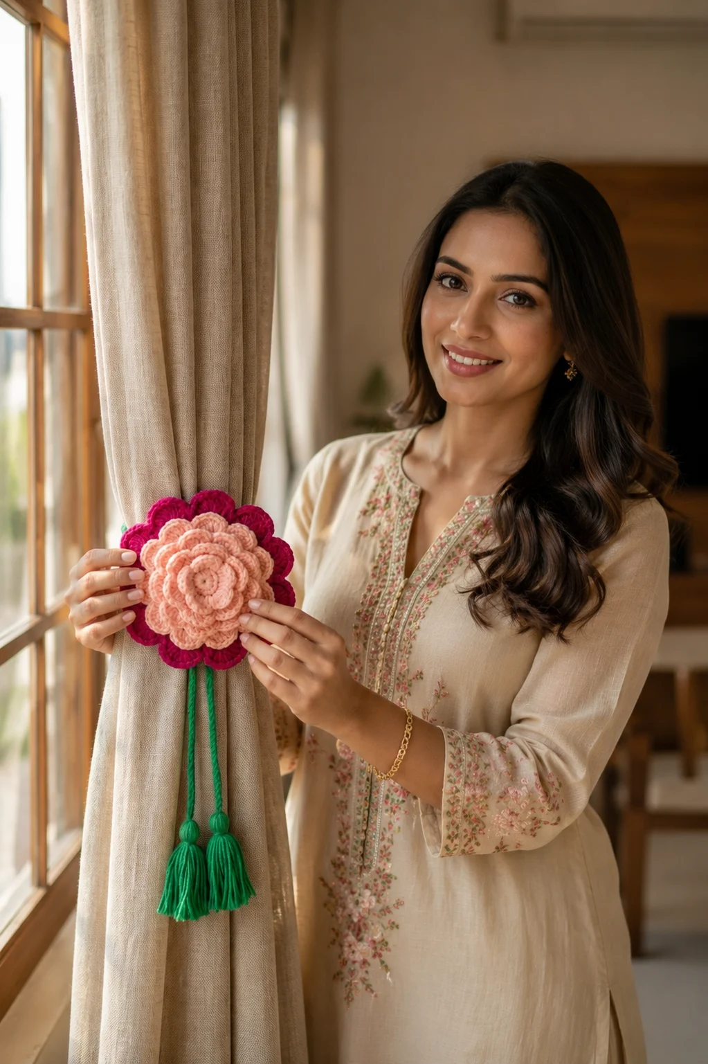 Handmade acrylic yarn crochet flower curtain tieback with decorative tassels attached to a beige curtain.