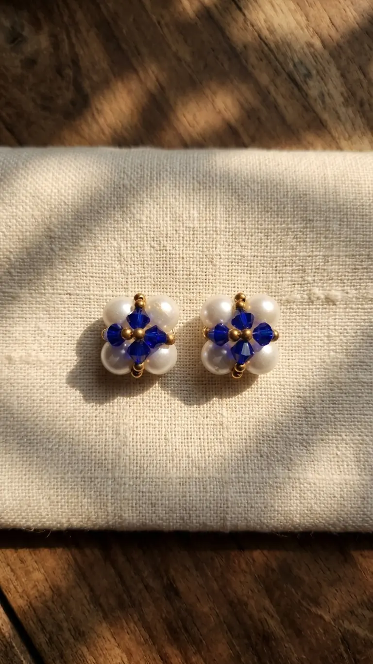 Pearl and Blue Crystal Flower Stud Earrings – Elegant Beaded Jewelry for Women