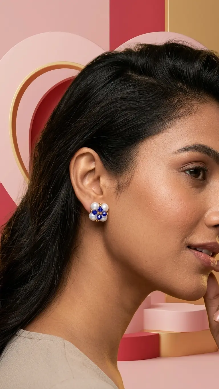 Pearl and Blue Crystal Flower Stud Earrings – Elegant Beaded Jewelry for Women