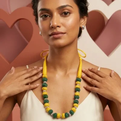 Yellow & Green Fabric Bead Necklace – Sustainable Artisan Jewelry for Women