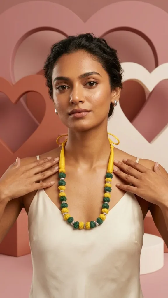 Yellow & Green Fabric Bead Necklace – Sustainable Artisan Jewelry for Women