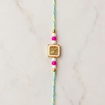 Designer Rakhi with Gold Leaf Charm, Pearl & Pink Beads Premium Raksha Bandhan Rakhi for Brother