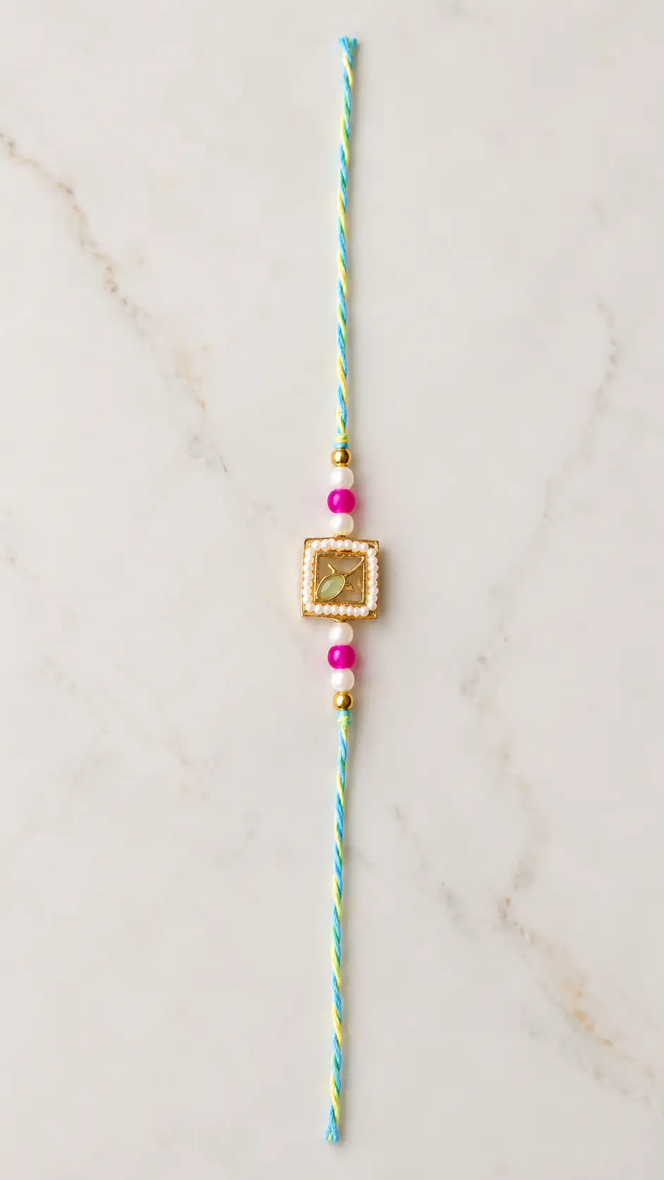 Designer Rakhi with Gold Leaf Charm, Pearl & Pink Beads Premium Raksha Bandhan Rakhi for Brother