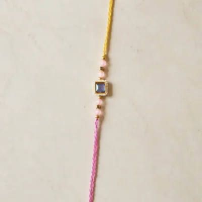 Designer handmade Rakhi with Square Mirror & Pink Beads Elegant Brother Raksha Bandhan Thread