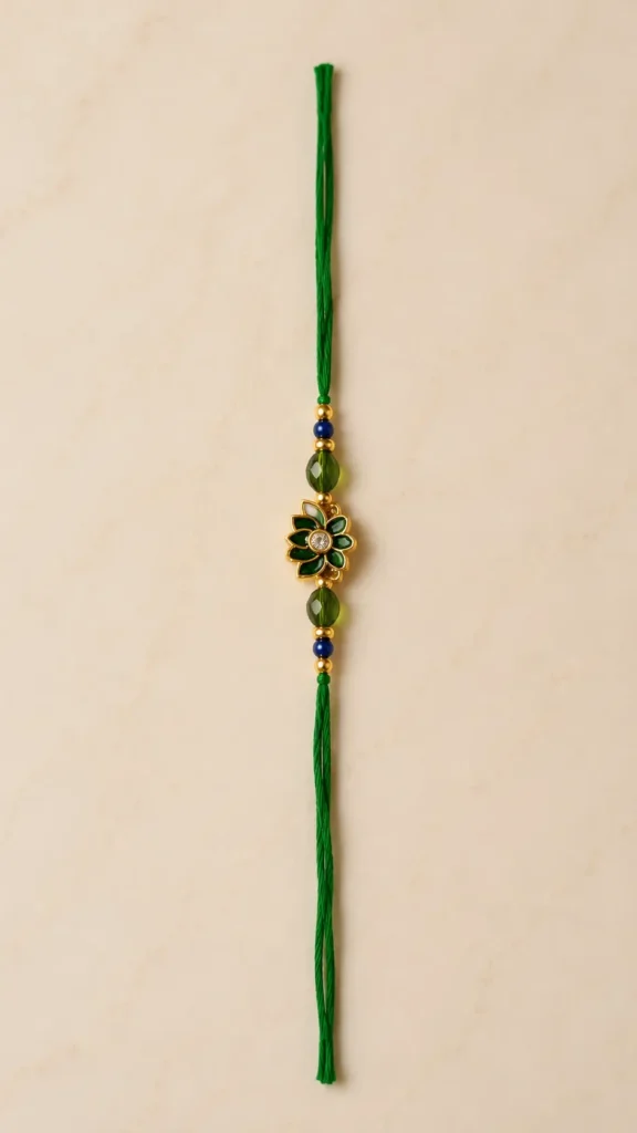 Green Floral Designer Rakhi with Crystal Beads & Green Silk Thread Premium Raksha Bandhan Rakhi