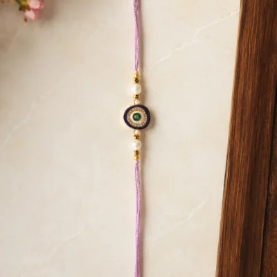 Handmade Evil Eye Designer Rakhi with Pearl Beads & Pink Silk Thread for Brother