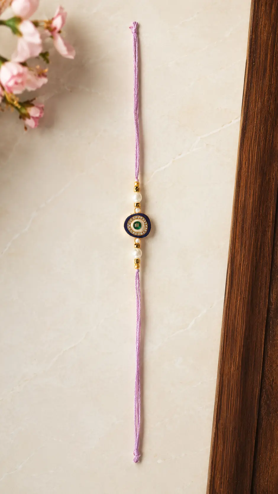 Handmade Evil Eye Designer Rakhi with Pearl Beads & Pink Silk Thread for Brother