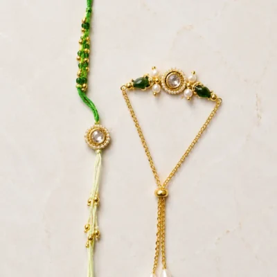 Handmade Green Crystal Bhai Bhabhi Rakhi Set with Adjustable Lumba PRAMA