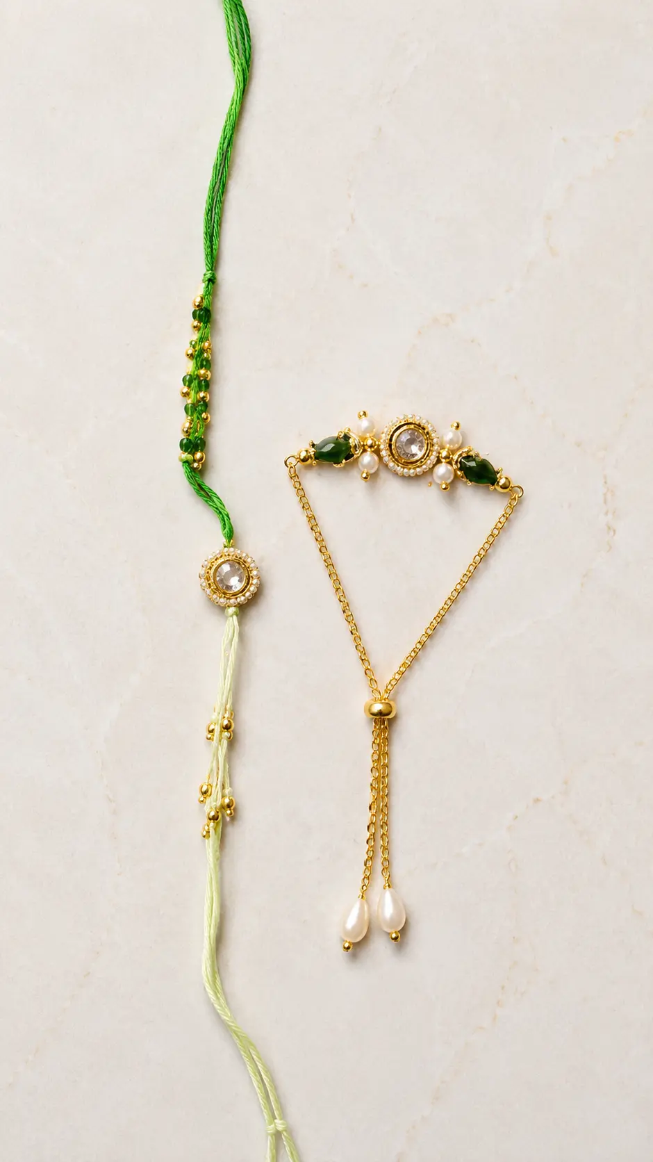 Handmade Green Crystal Bhai Bhabhi Rakhi Set with Adjustable Lumba PRAMA
