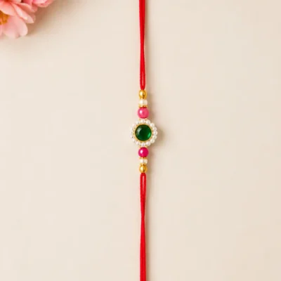 Handmade Green Stone Designer Rakhi with Pearl Beads & Red Silk Thread Traditional Raksha Bandhan Rakhi