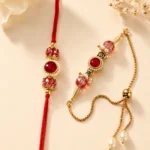 Premium Handmade Bhai Bhabhi Rakhi Set with Red Crystal & Adjustable Lumba Designer Raksha Bandhan Gift Set