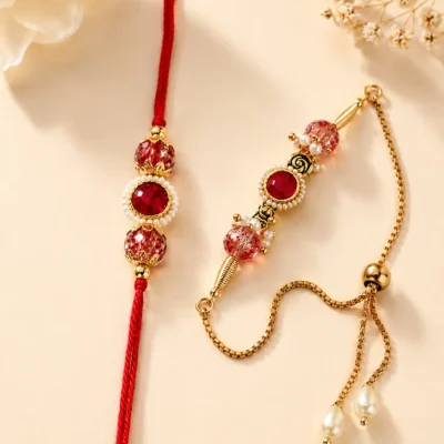 Premium Handmade Bhai Bhabhi Rakhi Set with Red Crystal & Adjustable Lumba Designer Raksha Bandhan Gift Set